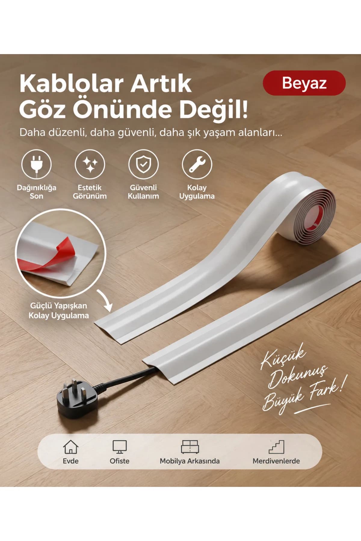 Kablo Gizleme Bandı Rulosu - Yapışkanlı, Esnek Zemin ve Köşe Kablo Kanalı, Beyaz - Thumbnail 3