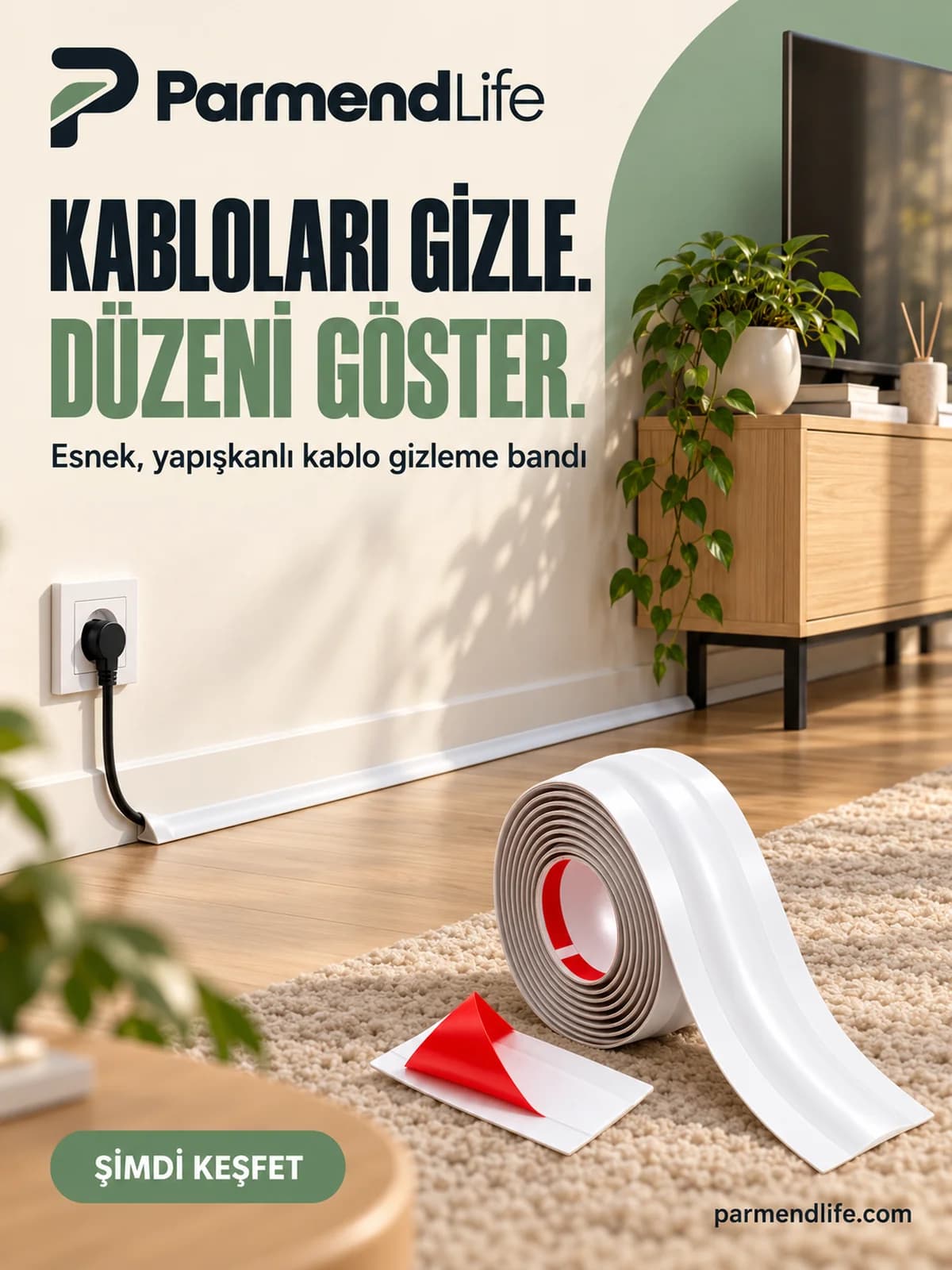 Kablo Gizleme Bandı Rulosu - Yapışkanlı, Esnek Zemin ve Köşe Kablo Kanalı, Beyaz - Thumbnail 2