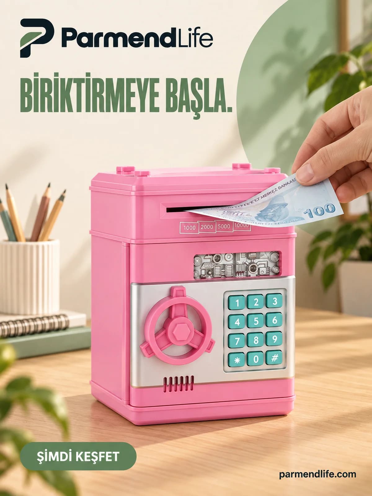 Şifreli Otomatik Kağıt Para Alan ATM Kasa Kumbara - Pembe - Thumbnail 6