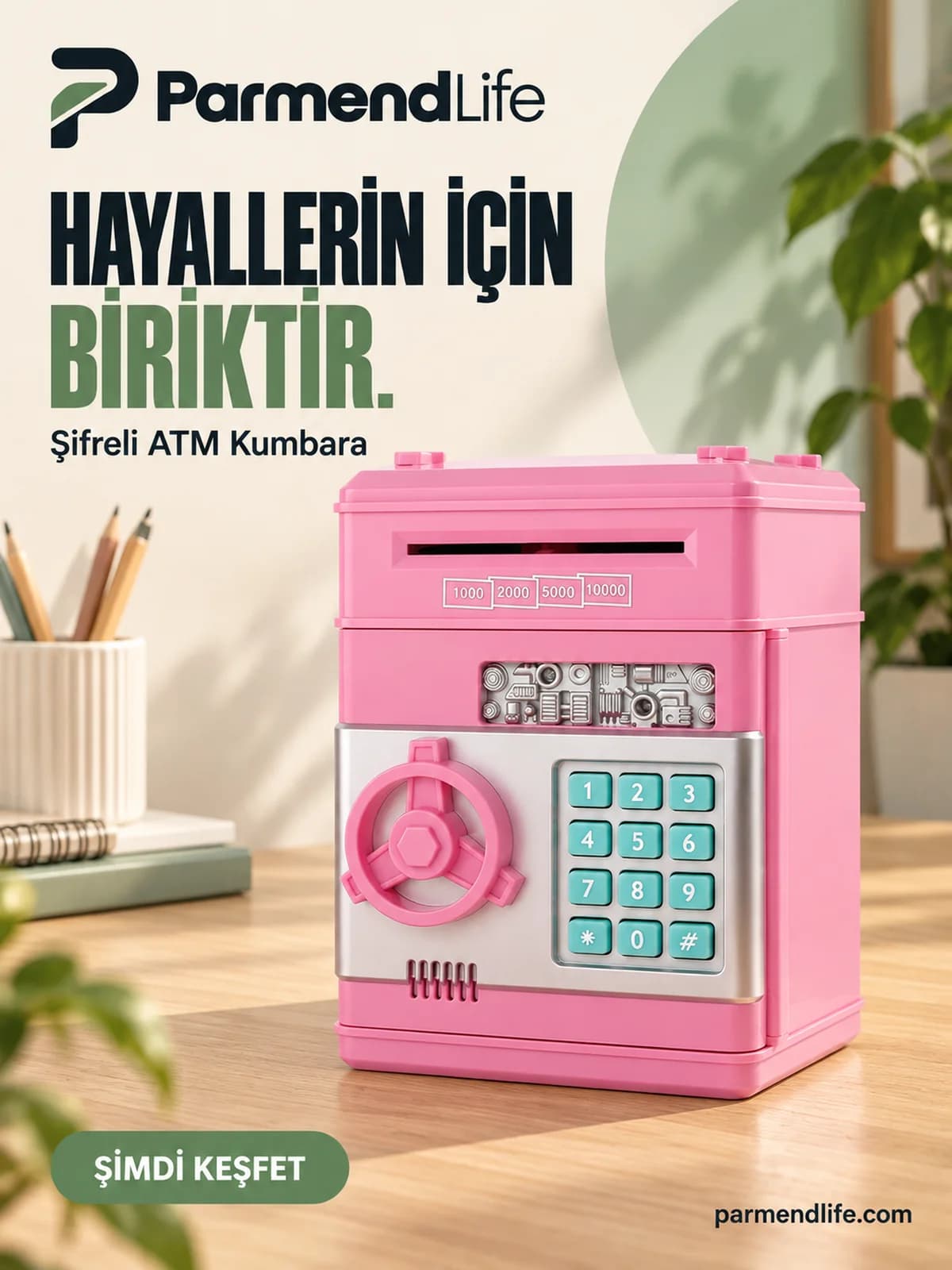 Şifreli Otomatik Kağıt Para Alan ATM Kasa Kumbara - Pembe - Thumbnail 5