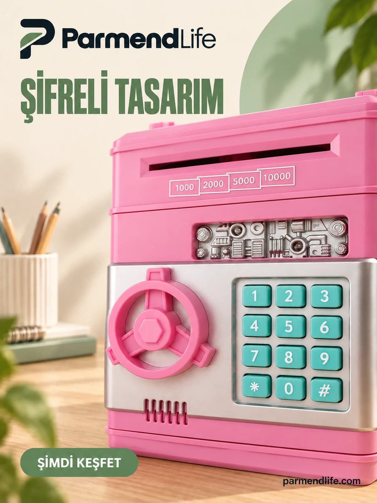 Şifreli Otomatik Kağıt Para Alan ATM Kasa Kumbara - Pembe - Thumbnail 7