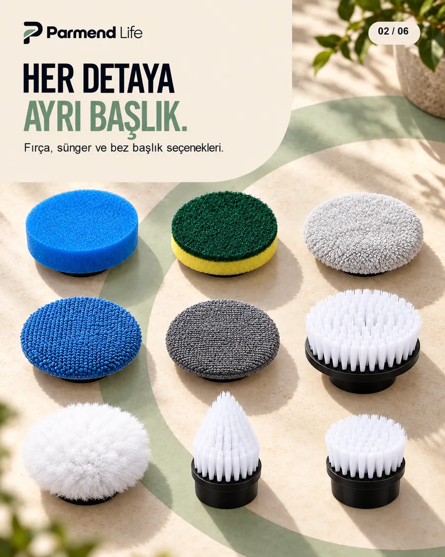 Farklı yüzeyler için elektrikli temizlik fırçası başlıkları