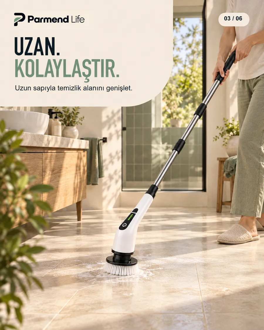 Teleskopik uzun saplı elektrikli temizlik fırçasıyla banyo zeminini ayakta temizleme